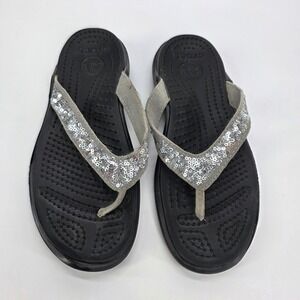 Crocs Capri Sequin Flip Flop Black Silver Sparkle Sandal Thong Slip On Shoes 7